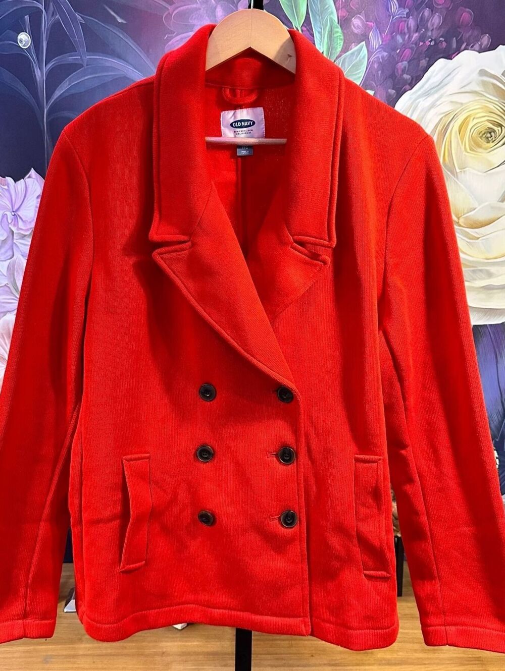 Old Navy XXL Jacket Double Breasted Red Stretch 100% Polyester Classic Peacoat